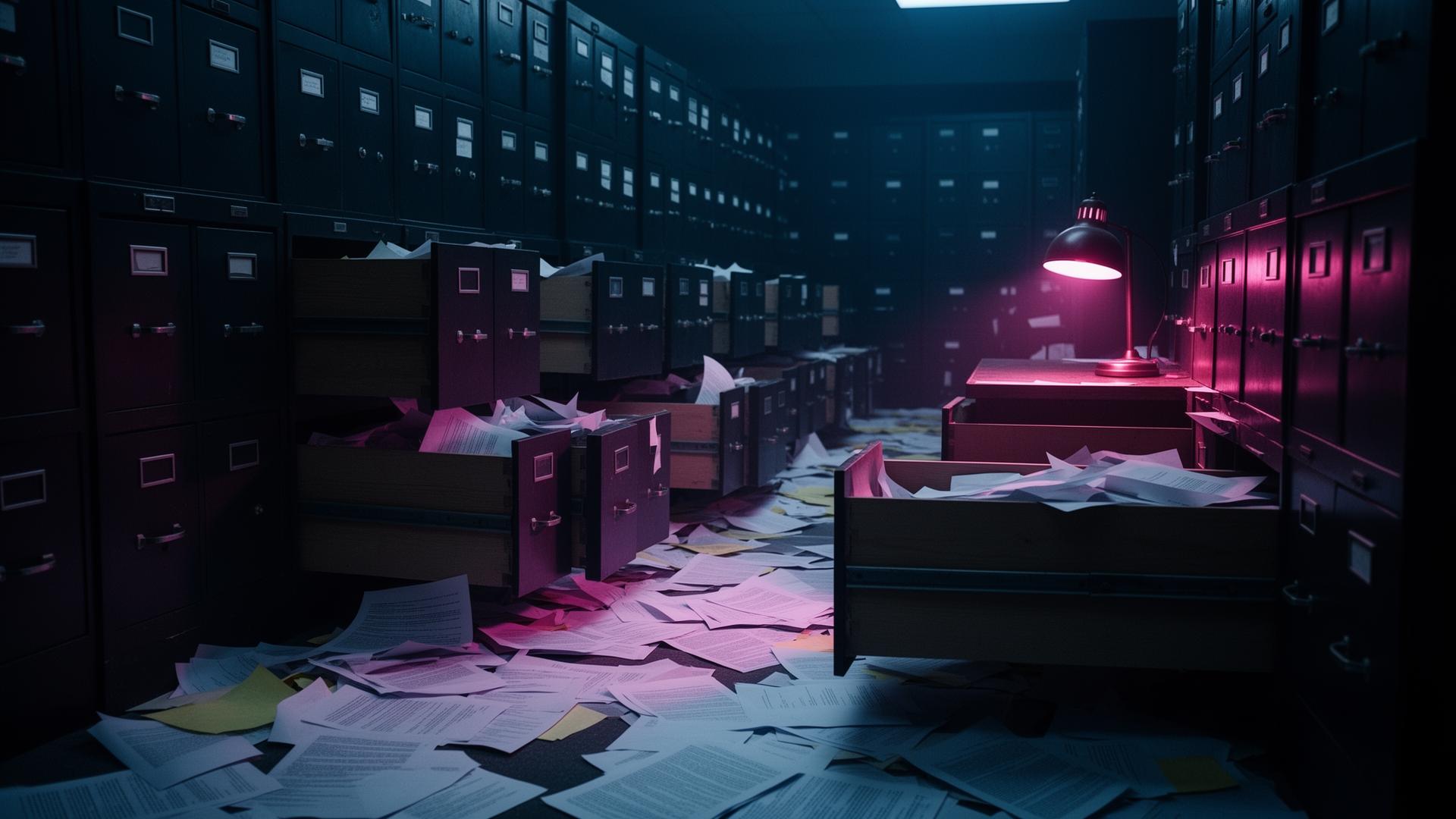 Filing cabinet drawers pulled open with papers spilling onto the floor in a dark archive room, magenta desk lamp casting dramatic light
