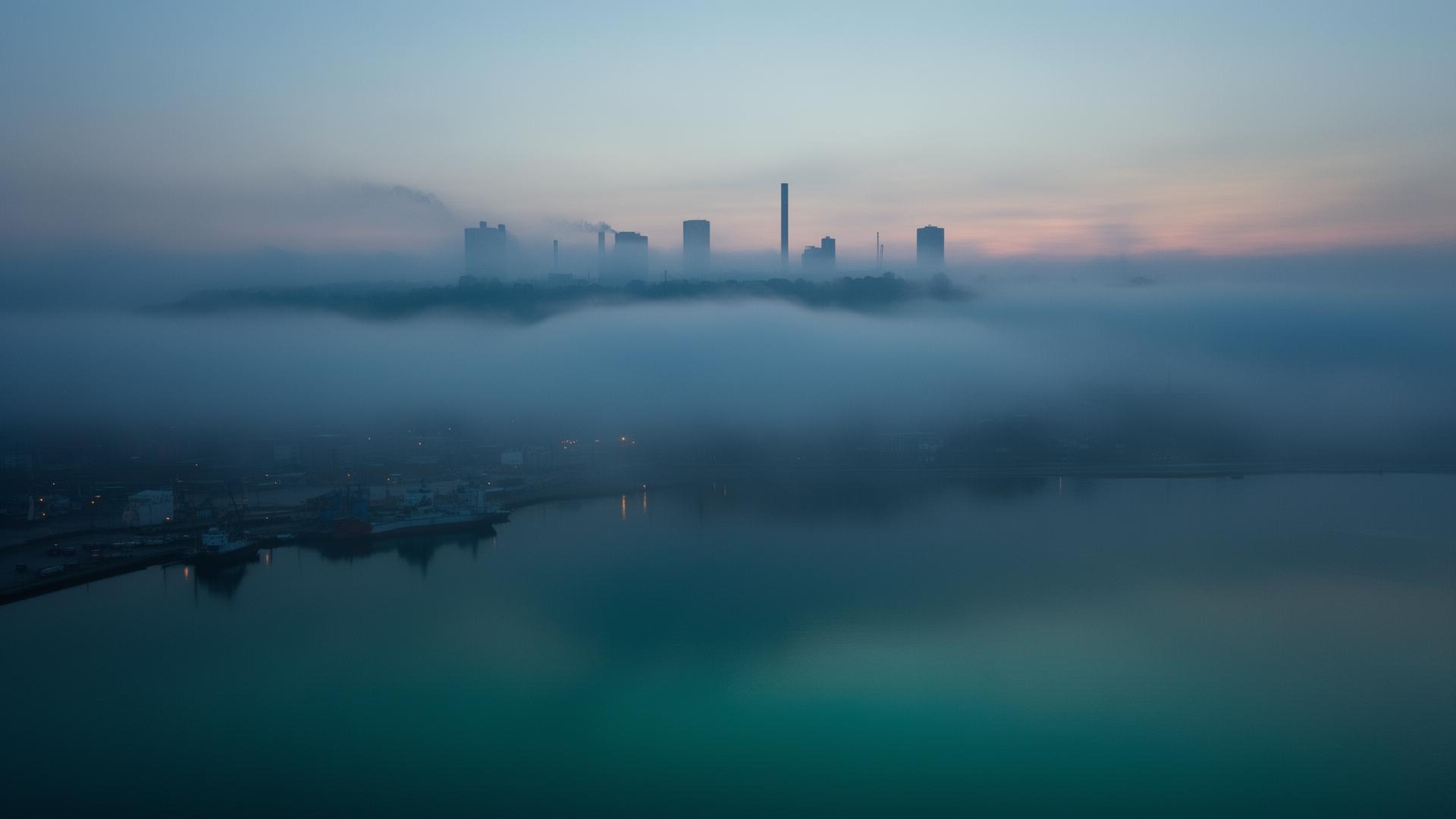 A foggy harbour at twilight with industrial buildings barely visible through dense fog, teal water reflections