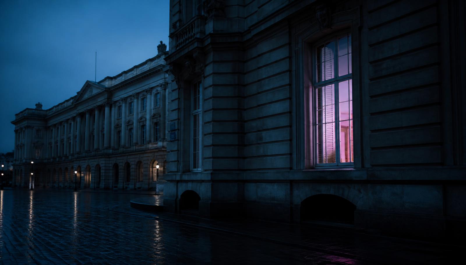 French government finance ministry building at blue hour with a single lit window, representing the DGFiP tax data breach