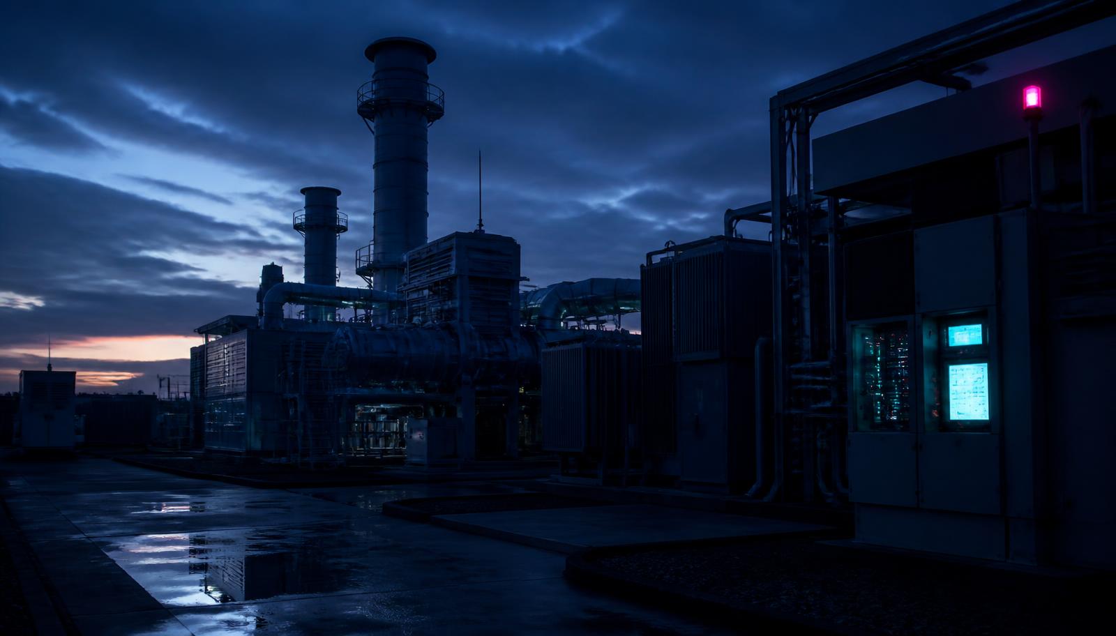 A small gas fired power generation plant at dusk with darkened control panels, illustrating the four day shutdown after an Iran linked cyber attack