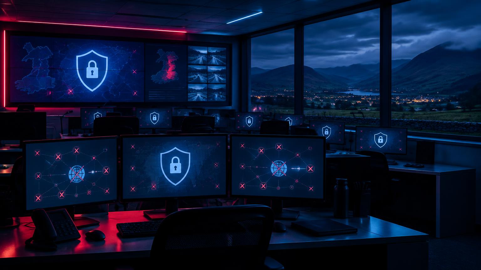 A darkened police control room with locked security screens and the Welsh hills beyond the window