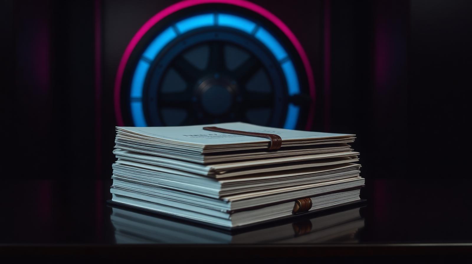 Stack of employment documents on a desk with a vault motif glowing in the background