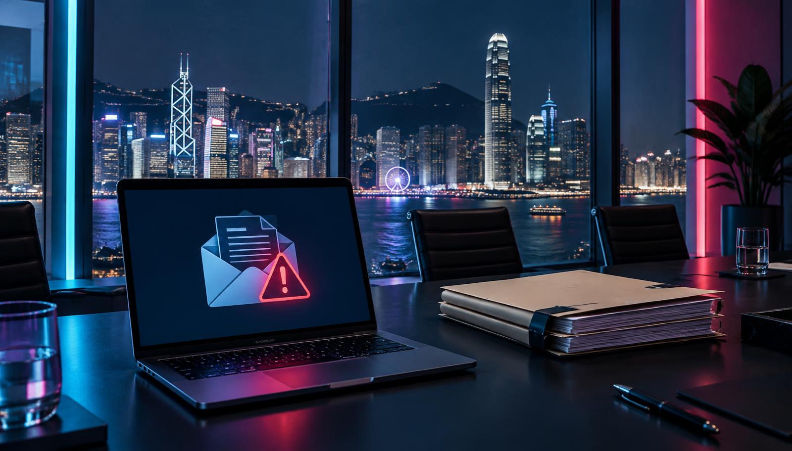 A confidential deal file and an email warning displayed in a Hong Kong investment bank boardroom