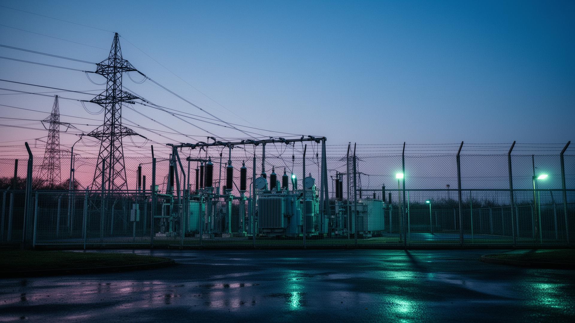 Twilight UK electricity substation behind a chain-link perimeter fence with magenta and teal accent lighting