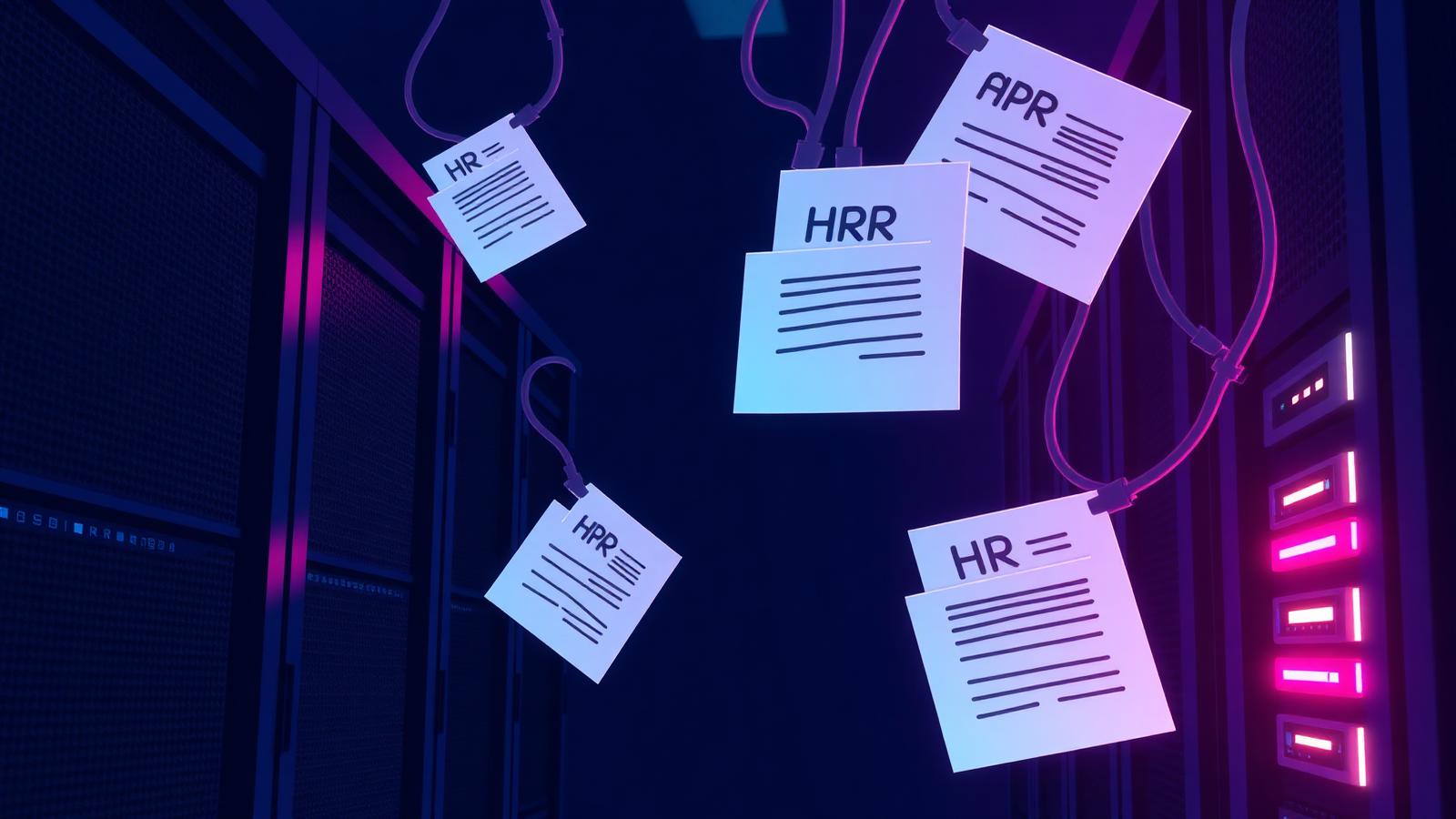Stylised HR and payroll records floating in a dark server room with severed data cables, illustrating an enterprise HR breach