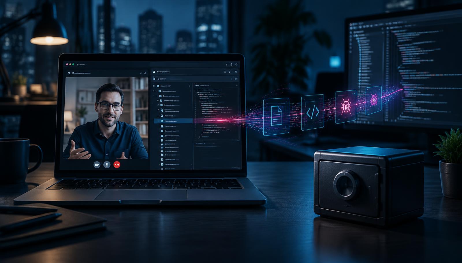 A fake technical job interview on a developer laptop sends malicious code towards a workstation while a physically disconnected data store remains protected