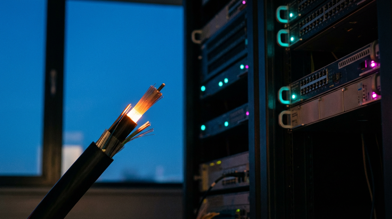 A hospital building exterior at blue hour with emergency lighting and visible infrastructure