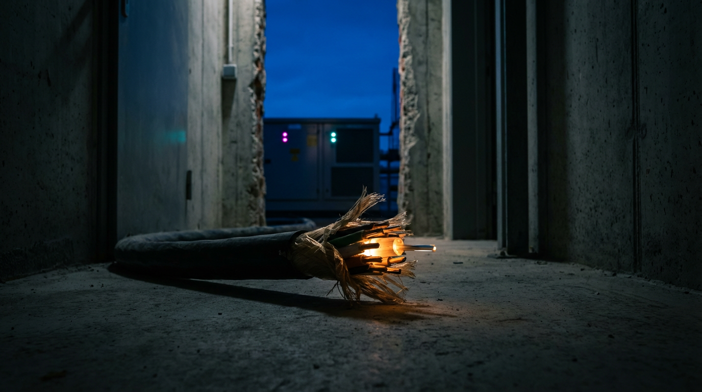 A commercial aircraft at an airport gate at dusk with red warning lights on the terminal