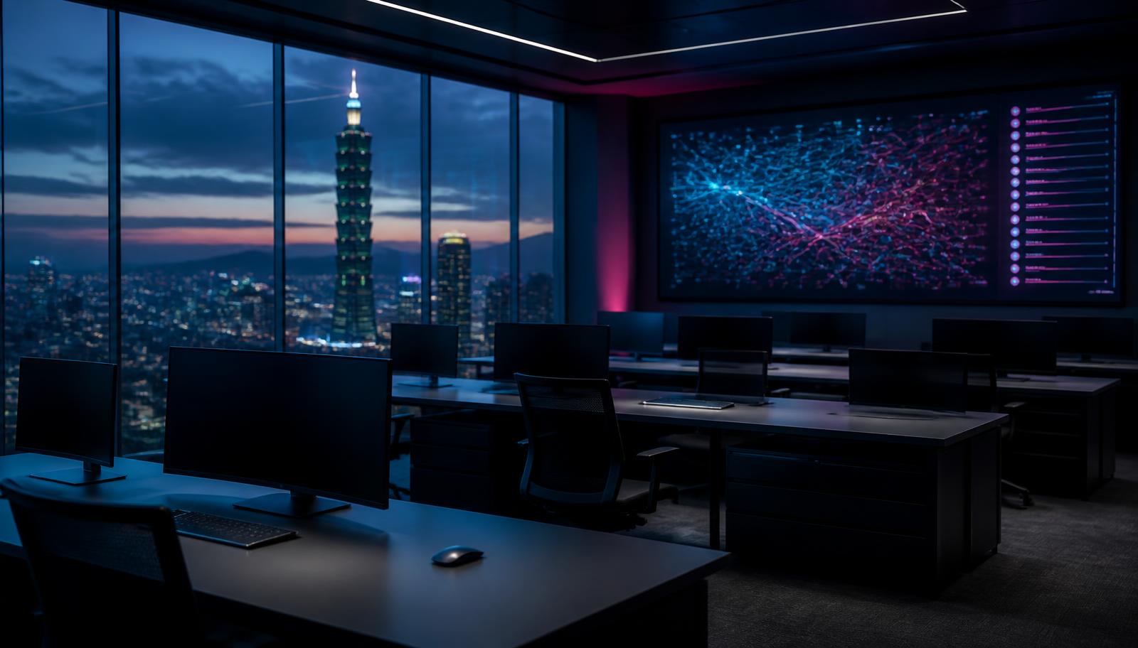 Government cyber operations room at dusk overlooking the Taipei skyline, wall display showing a network topology with severed links